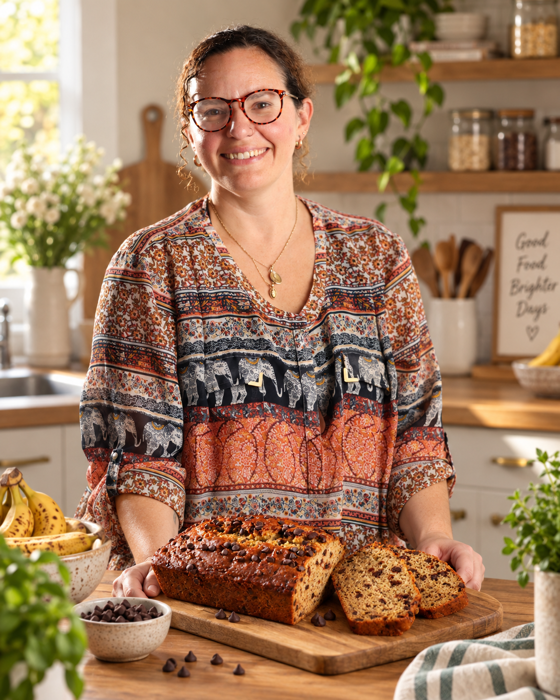 Melissa Wentworth, owner of The Convenient Vegan, smiling in her kitchen with a freshly baked banana bread loaf